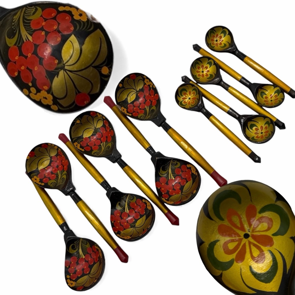 Lot Vtg Wooden Black Lacquer Khokhloma Russian Folk Art Bowl Large‎ Spoon jar